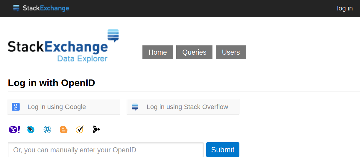 Stack Exchange Data Explorer Log In Screen